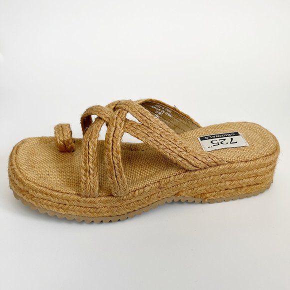 Vintage Rattan Woven Platform Heel Sandal Squared Toe Beach Summer 90s Y2K 2000s - Picture 7 of 7